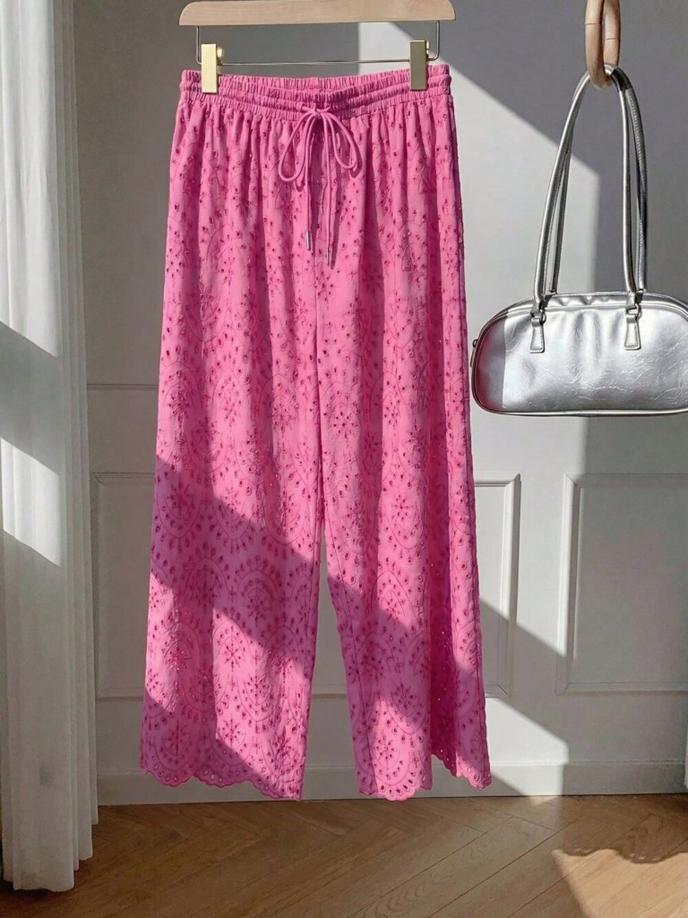 Hot Pink Casual Women's Plus Size Fuchsia Embroidered Loose Pants - Picture 6 of 6